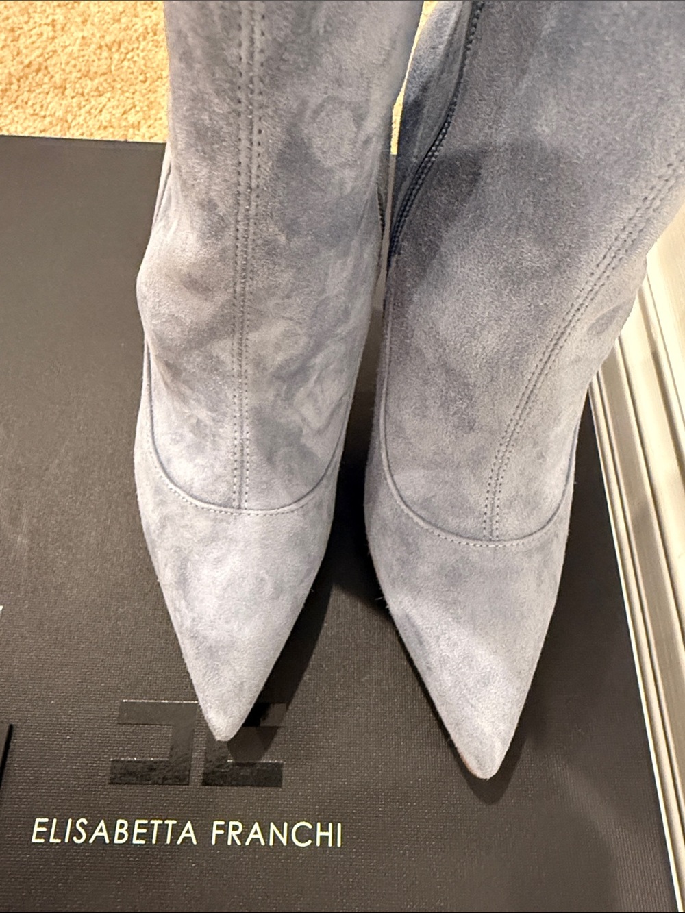 Elisabetta Franchi Ice Blue Stretch Suede Over The Knee Boots EU 37 NWT - Picture 4 of 11